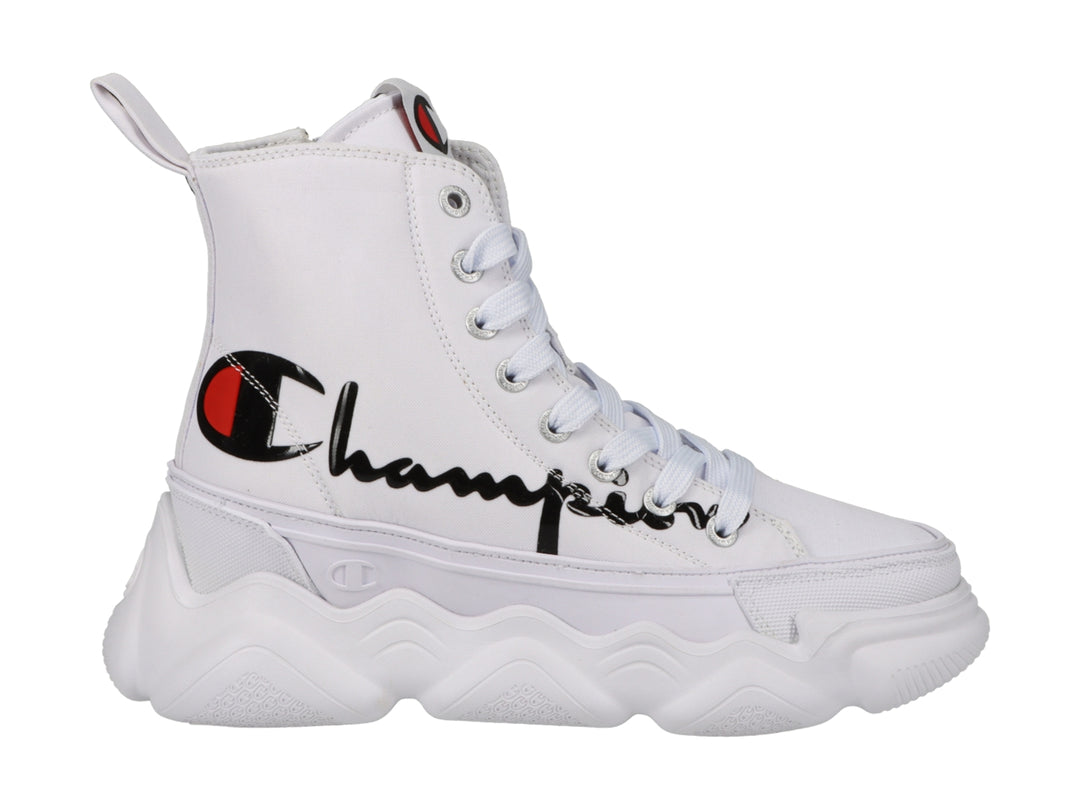 Tenis Champion blancos de bota con suela chunky y logotipo en el lateral.