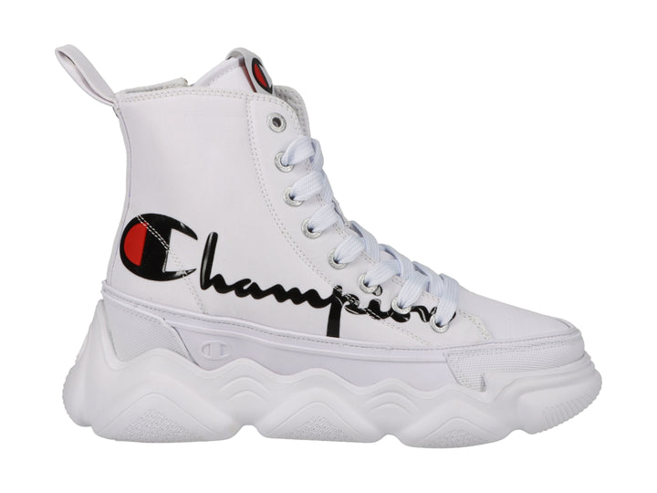 Tenis Champion blancos de bota con suela chunky y logotipo en el lateral.