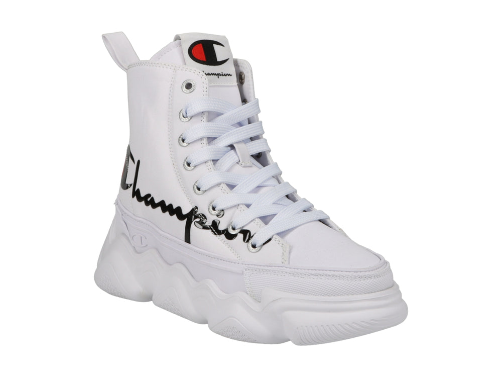 Tenis Champion blancos de bota con suela chunky y logotipo en el lateral.