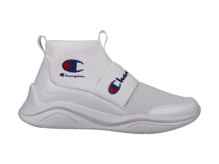 Tenis Champion blancos de corte alto con diseño tipo calcetín y banda elástica frontal.