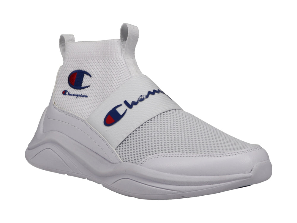 Tenis Champion blancos de corte alto con diseño tipo calcetín y banda elástica frontal.