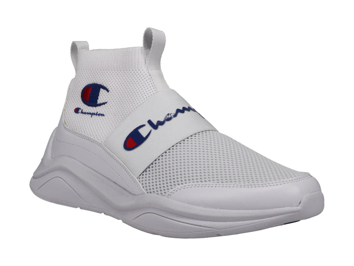 Tenis Champion blancos de corte alto con diseño tipo calcetín y banda elástica frontal.
