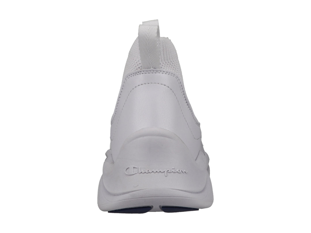 Tenis Champion blancos de corte alto con diseño tipo calcetín y banda elástica frontal.