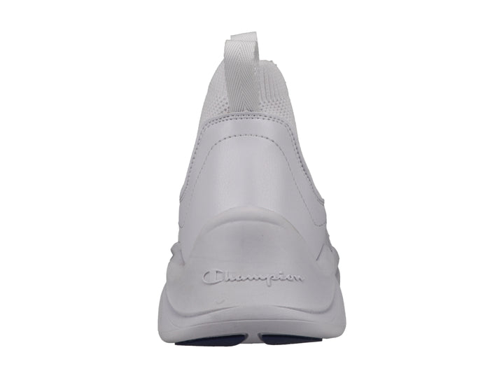 Tenis Champion blancos de corte alto con diseño tipo calcetín y banda elástica frontal.