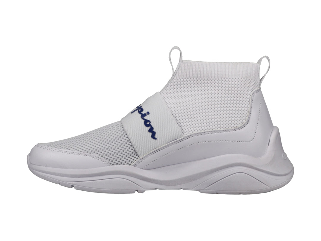Tenis Champion blancos de corte alto con diseño tipo calcetín y banda elástica frontal.