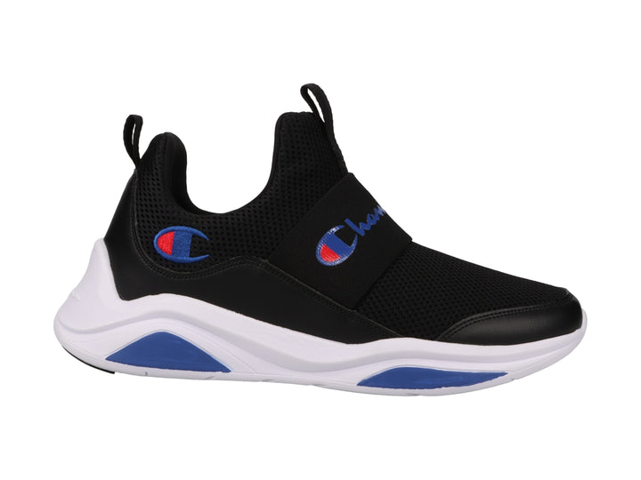 Tenis deportivos Champion color negro con suela blanca y detalles en azul, diseño slip-on sin cordones.