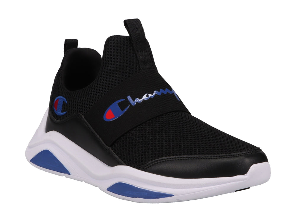 Tenis deportivos Champion color negro con suela blanca y detalles en azul, diseño slip-on sin cordones.