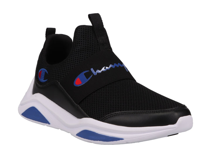 Tenis deportivos Champion color negro con suela blanca y detalles en azul, diseño slip-on sin cordones.