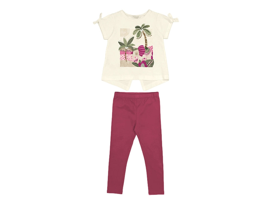 Conjunto de ropa Mayoral con camiseta blanca estampada y leggings color hibiscus.