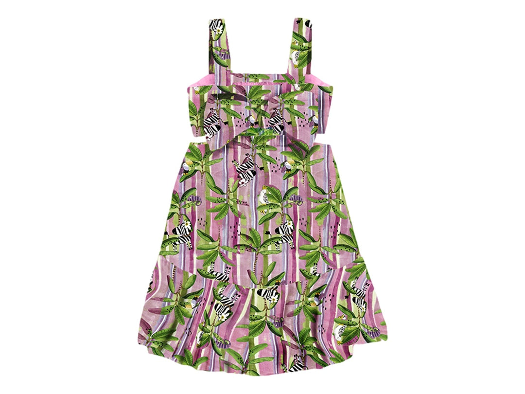 Vestido rosa para niña con estampado tropical de palmeras y cebras.