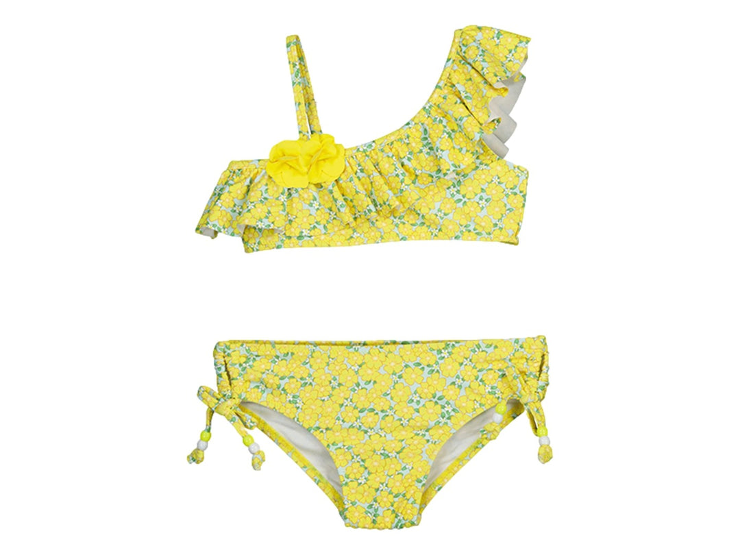 Bikini amarillo con estampado floral y detalles de volantes para niña.