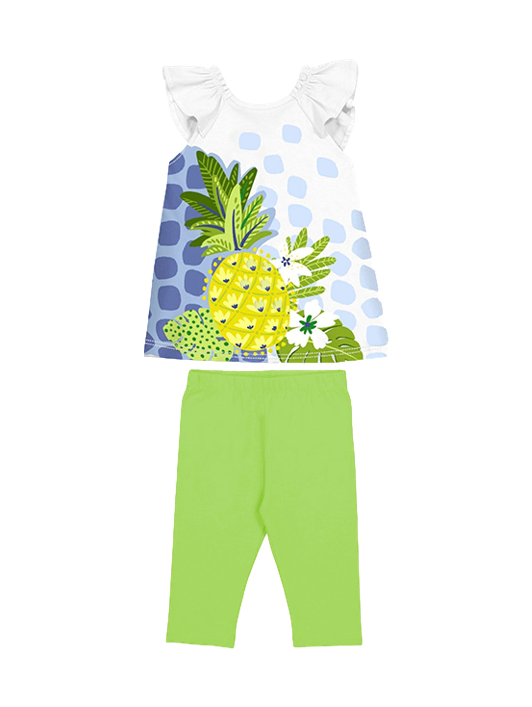 Conjunto de ropa para niña con camiseta blanca estampada de piña y leggings color lima.