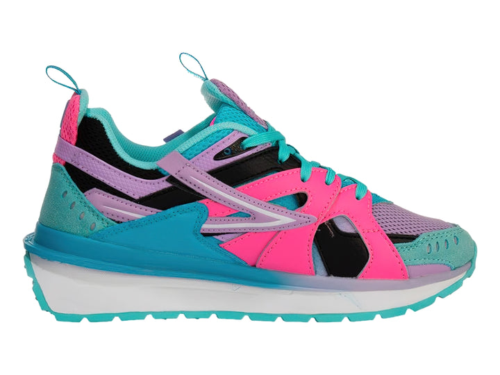 Tenis deportivos FILA multicolores en tonos azul, rosa y morado con suela blanca.