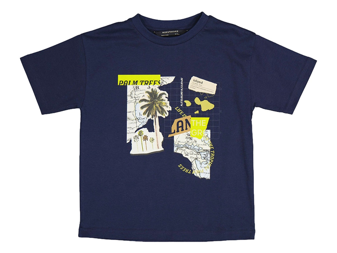 Camiseta azul marino de manga corta para Niño con estampado gráfico de palmeras y mapa en el pecho.