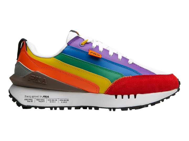 Tenis FILA Renno Generation Pride con franjas multicolores estilo arcoíris, punta roja y suela blanca.