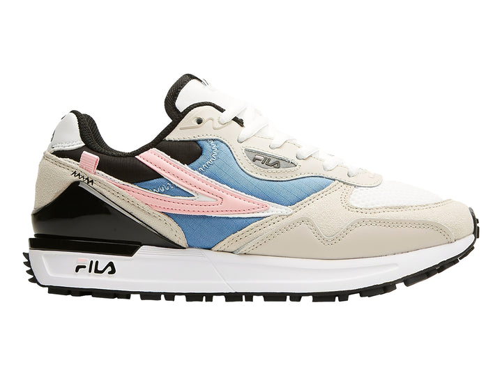Tenis FILA Valado 2 color blanco y beige con detalles en azul, rosa y negro.