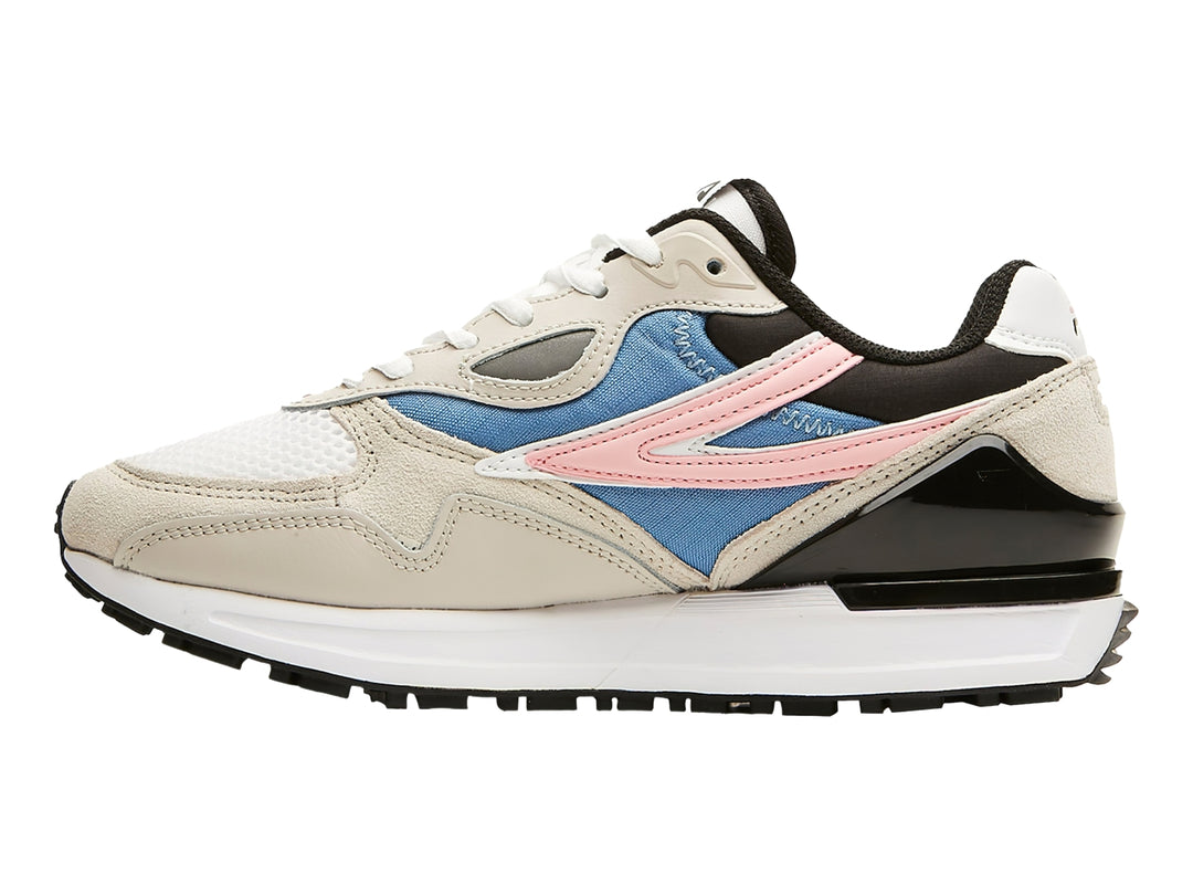Tenis FILA Valado 2 color blanco y beige con detalles en azul, rosa y negro.