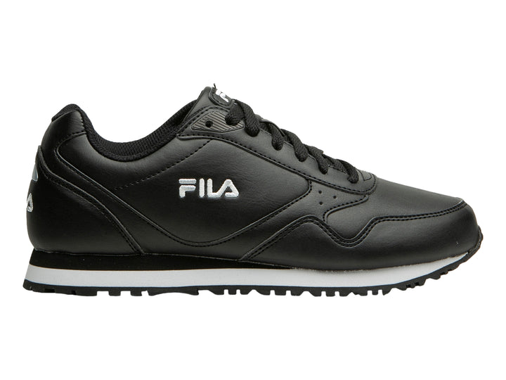 Tenis FILA Memento color negro con suela blanca y logotipo lateral blanco.