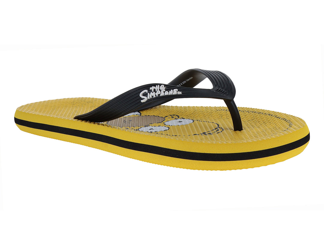 Sandalias infantiles amarillas con tiras negras y diseño de personaje en la plantilla.