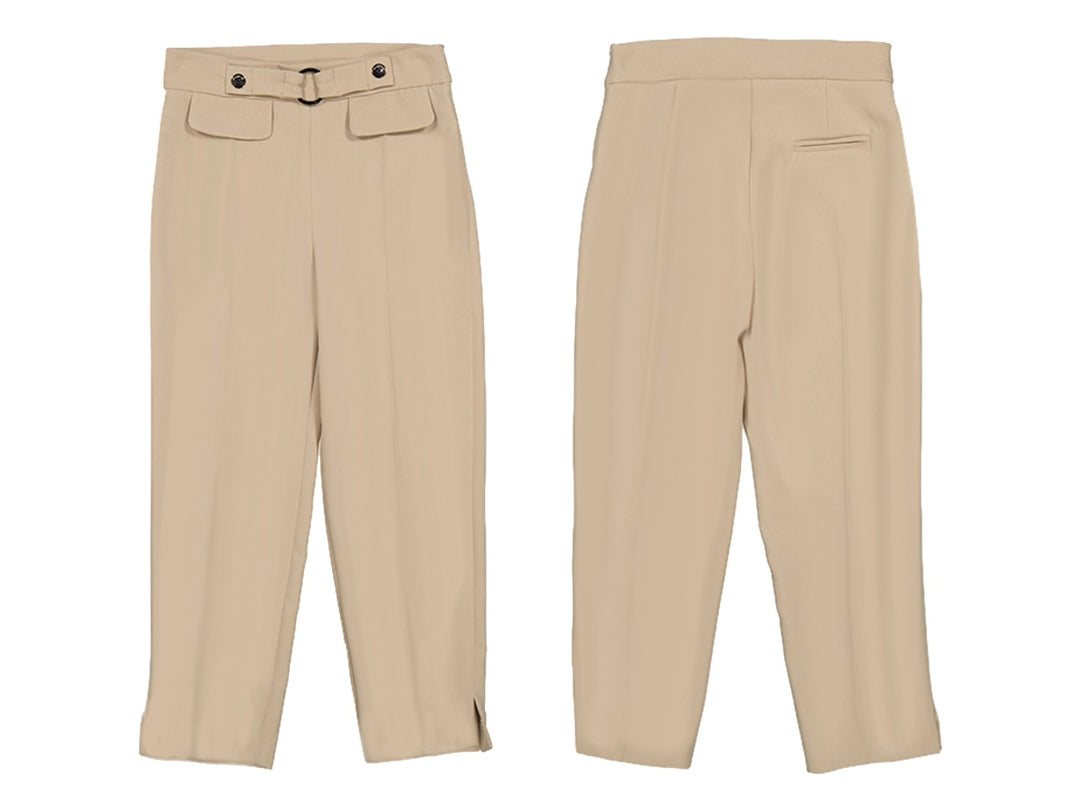 Pantalón cropped color beige de tela crepé con cinturón integrado, vista frontal y posterior.
