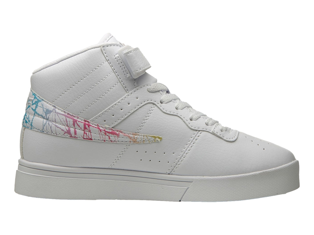 Tenis FILA blancos de bota con un diseño gráfico colorido en el lateral y cierre de velcro.