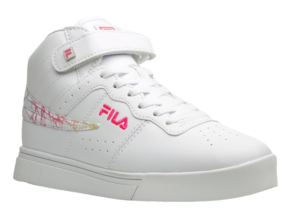 Tenis FILA blancos de bota con un diseño gráfico colorido en el lateral y cierre de velcro.