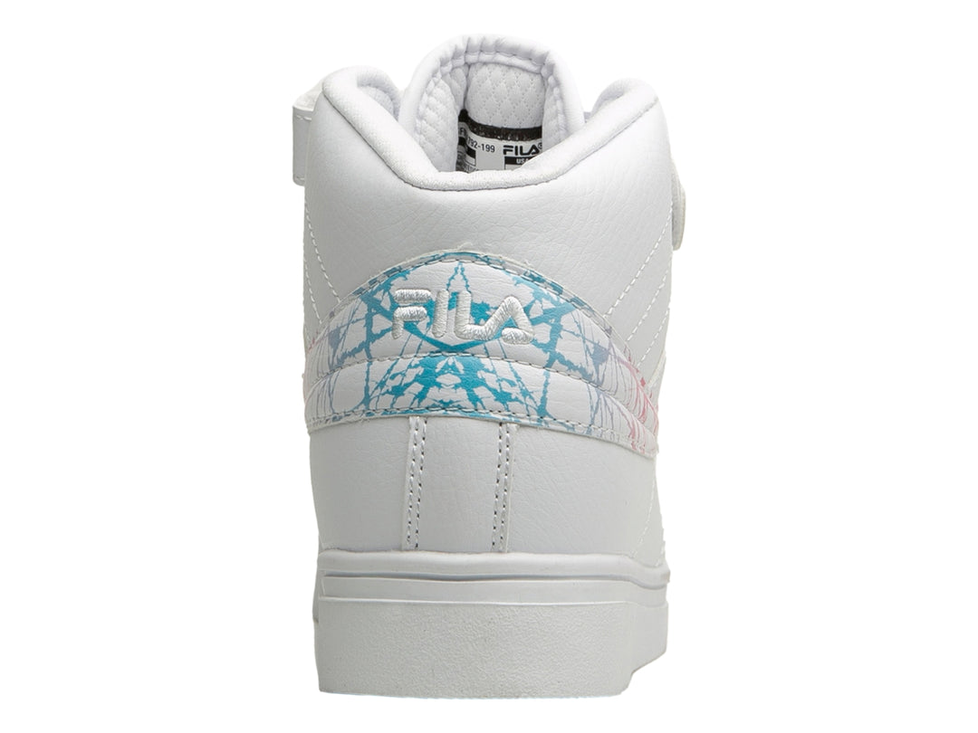 Tenis FILA blancos de bota con un diseño gráfico colorido en el lateral y cierre de velcro.