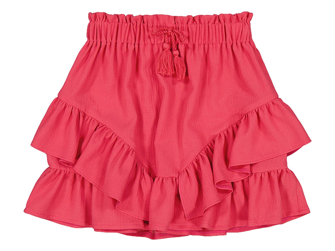 Falda color carmín para niña con cintura elástica y capas de volantes