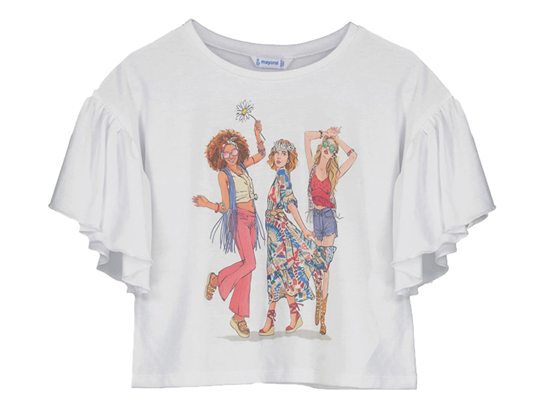 Camiseta blanca para niña con mangas con volantes y estampado frontal de tres chicas estilo boho.
