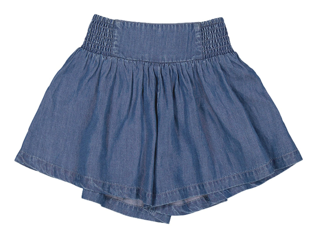 Falda pantalón de color azul medio con cintura elástica fruncida para niña.