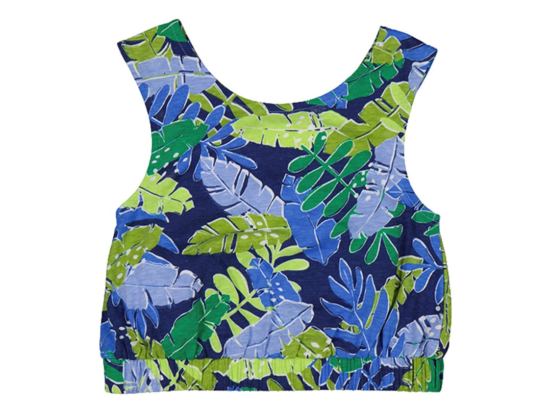 Camiseta sin mangas Unisex con estampado de hojas tropicales en tonos azul índigo, azul claro y verde.