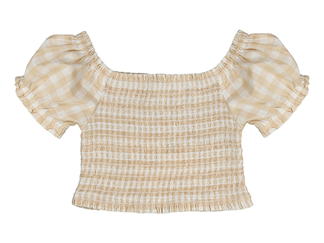 Blusa beige y blanca con estampado de cuadros vichy, cuerpo elástico y mangas abullonadas.