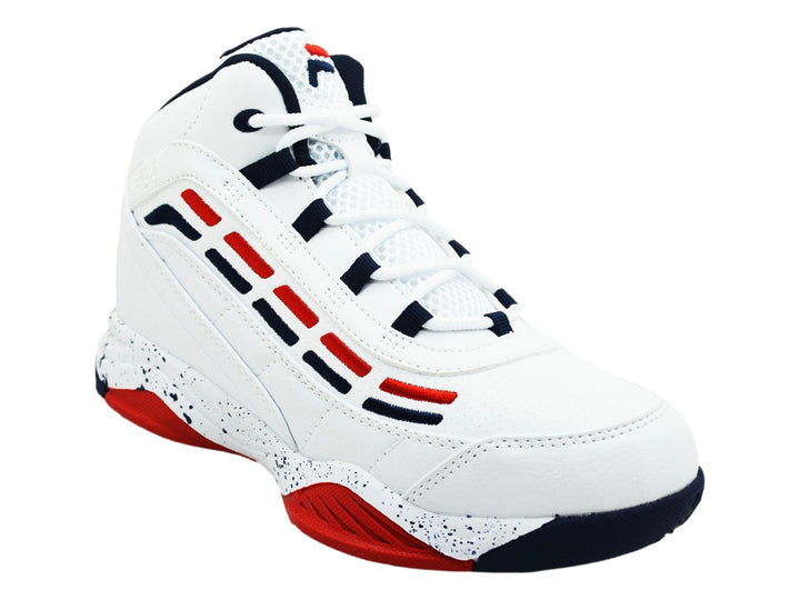 Tenis deportivos FILA de corte alto en color blanco con detalles en azul marino y rojo.