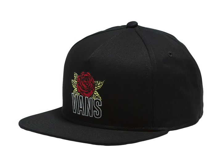 Gorra snapback negra de marca Vans con bordado frontal de una rosa roja y el nombre de la marca en blanco.