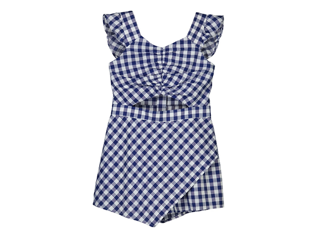 Mono corto para niña con estampado de cuadros vichy en color azul y blanco y volantes en los hombros.
