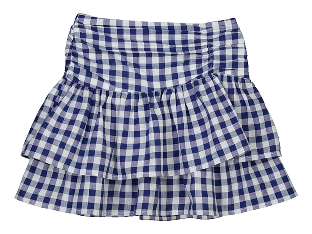 Falda infantil de cuadros vichy en color azul índigo y blanco con diseño de volantes.
