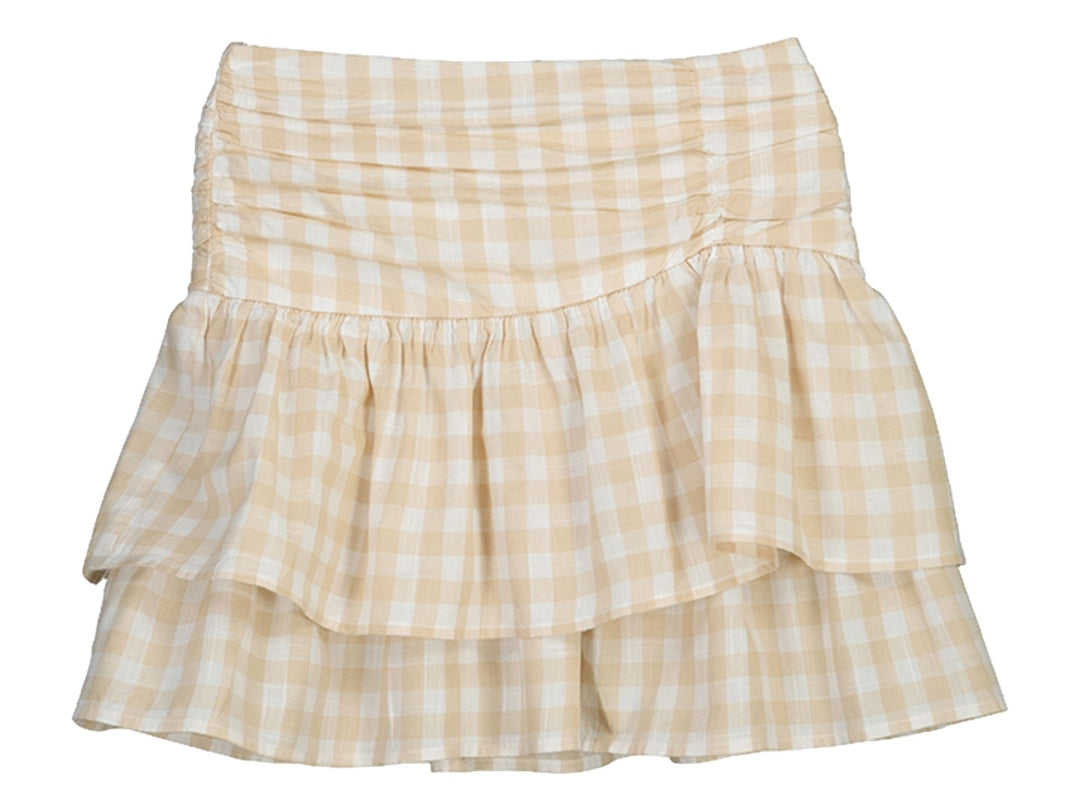 Falda corta para Niña color beige con estampado de cuadros vichy y diseño de volantes en capas.