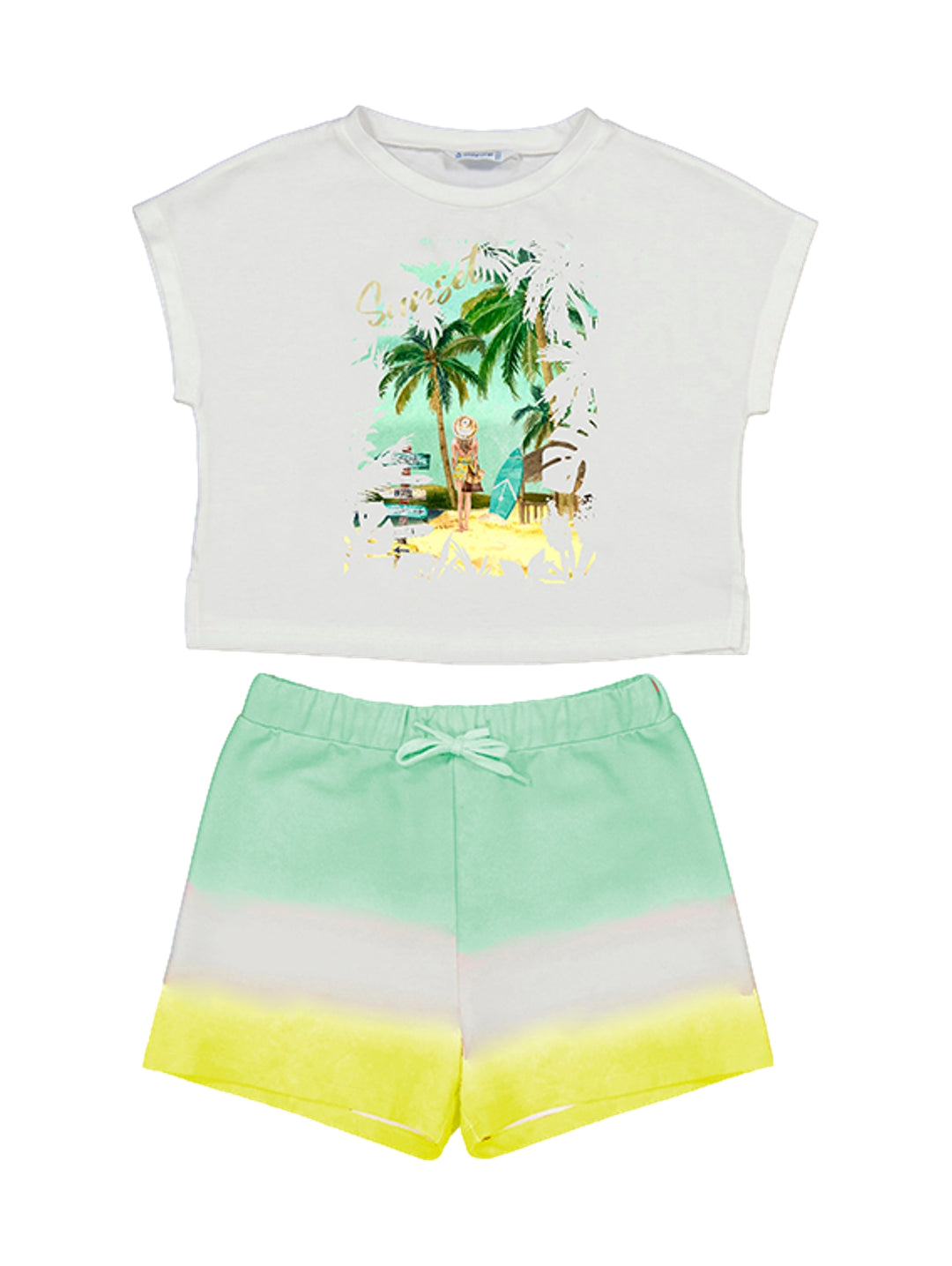 Conjunto de ropa para Niña con camiseta blanca estampada y short en degradado aguamarina y amarillo.