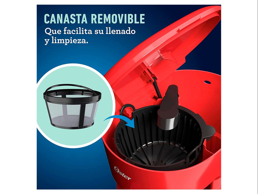 Cafetera Oster de color rojo con jarra de vidrio transparente para 12 tazas sobre fondo blanco.