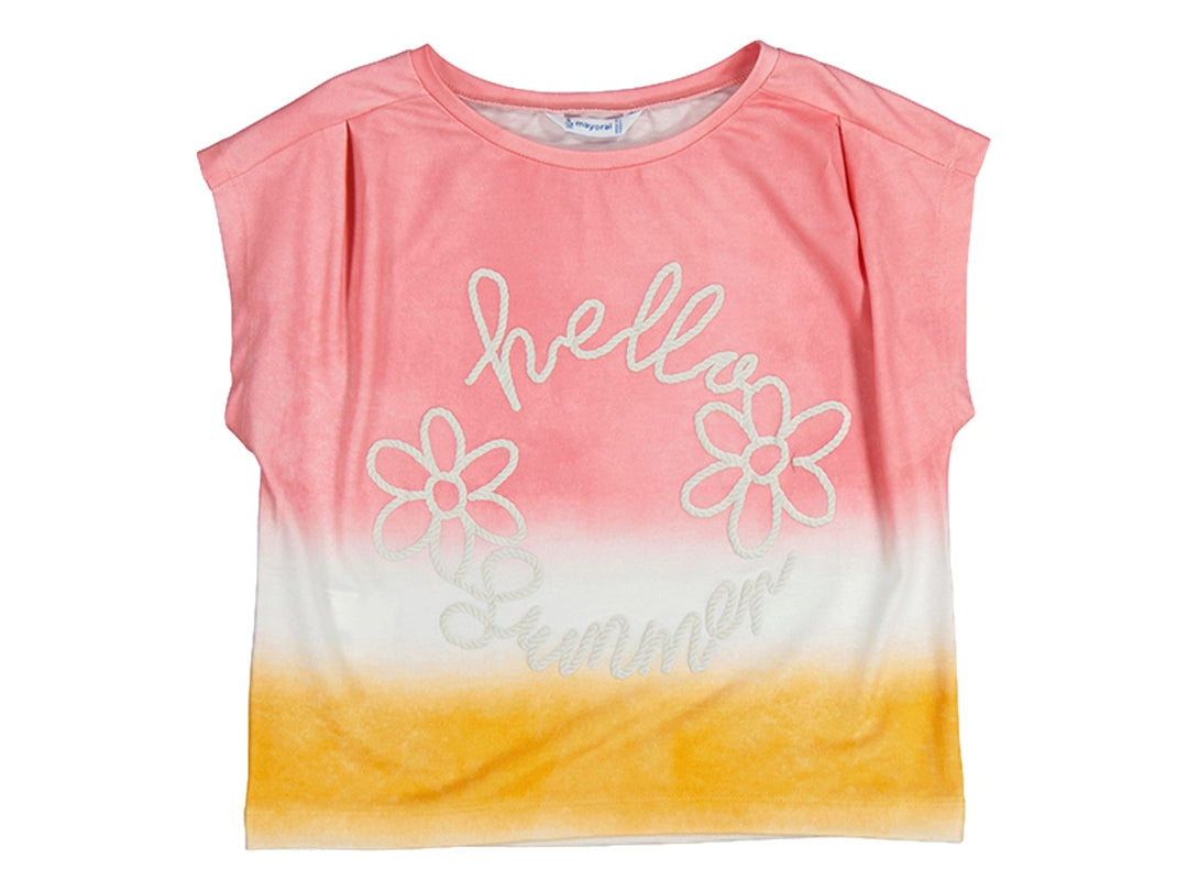 Camiseta infantil Mayoral con degradado en coral, blanco y amarillo y bordado de flores y texto &