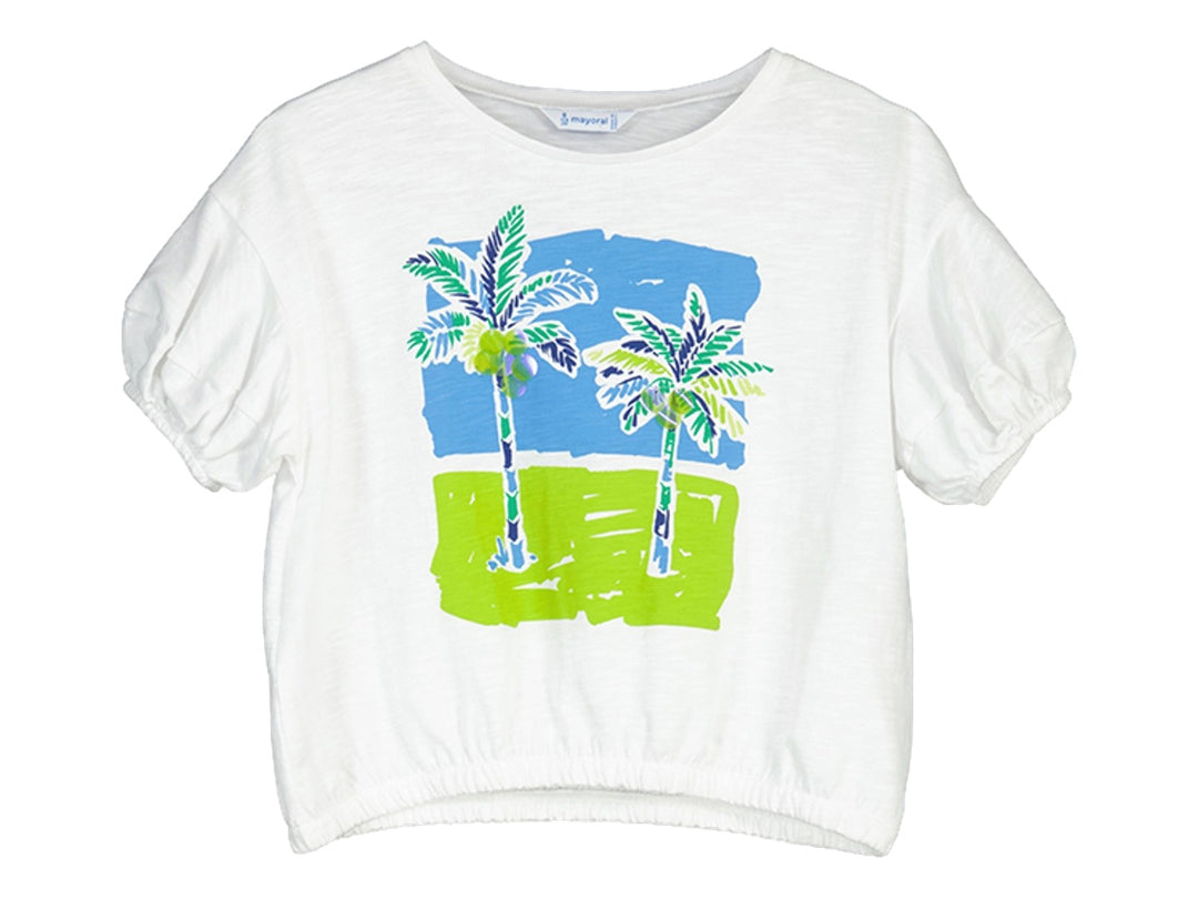 Camiseta blanca de manga corta con estampado de palmeras y cintura elástica para Niña.
