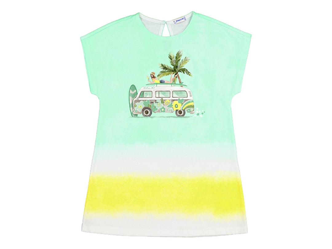 Vestido juvenil tie-dye en colores aguamarina, amarillo y blanco con estampado de camioneta y palmeras.
