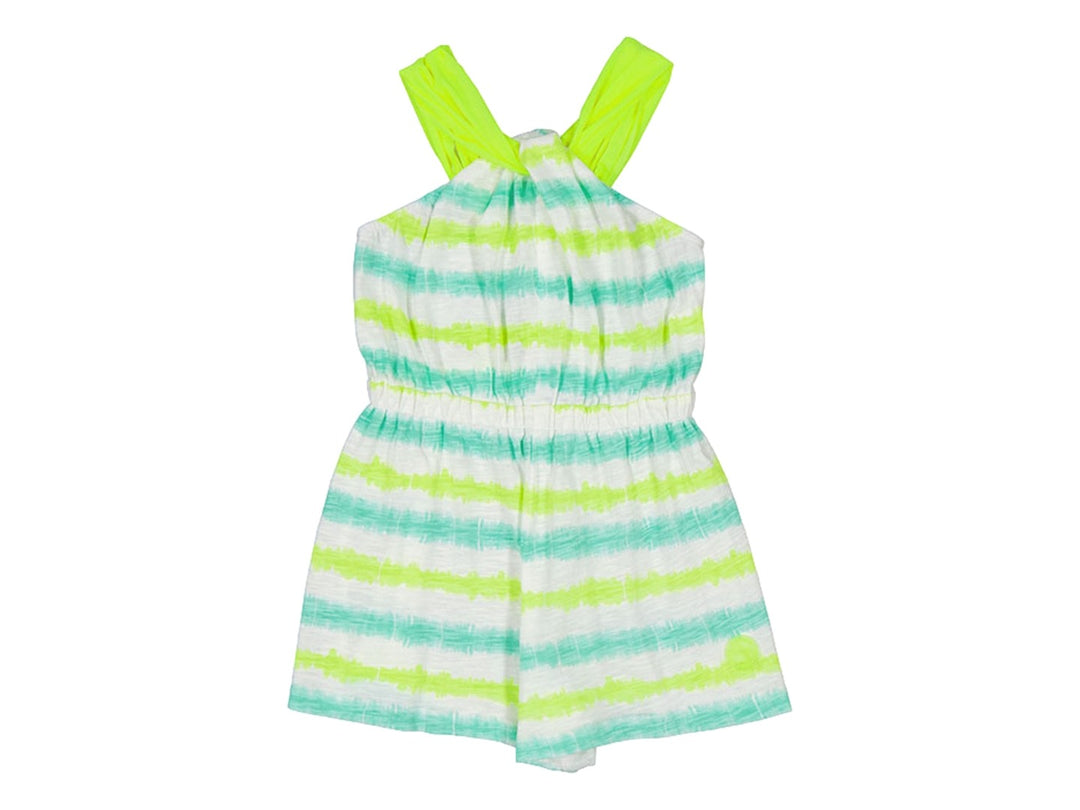 Mono infantil multicolor con rayas en tonos aguamarina y verde lima, estilo tie-dye.