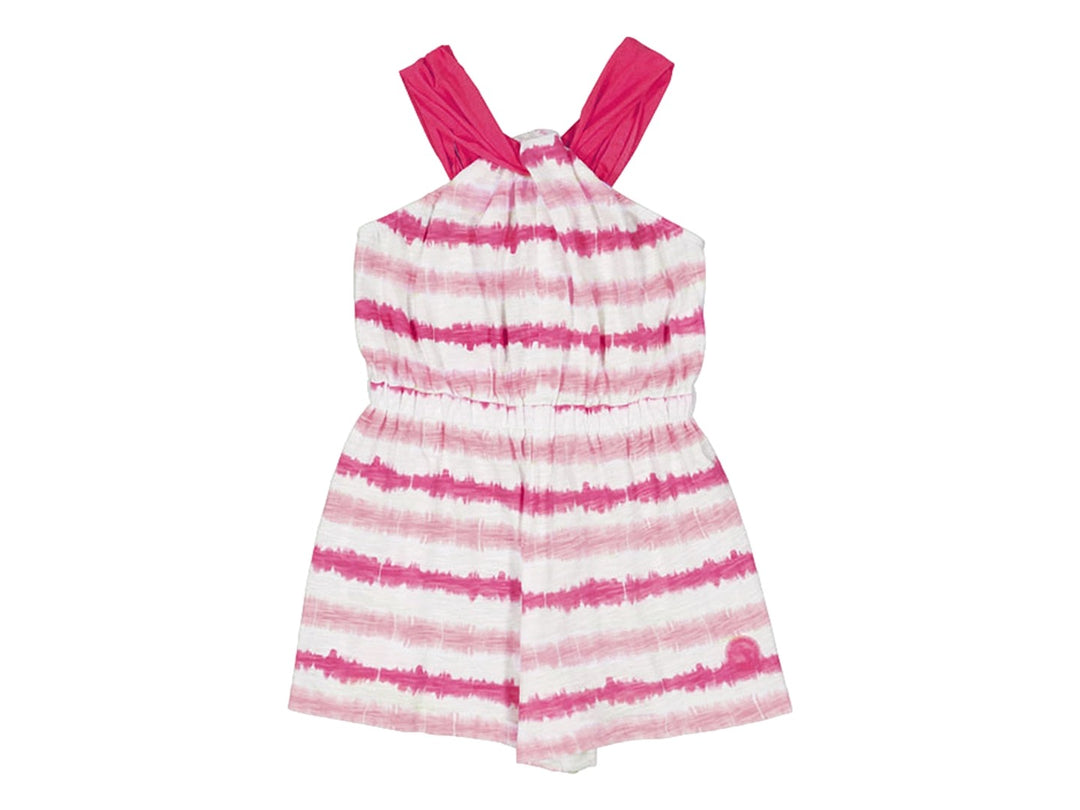 Mono infantil a rayas blancas y rosa buganvilla con tirantes.