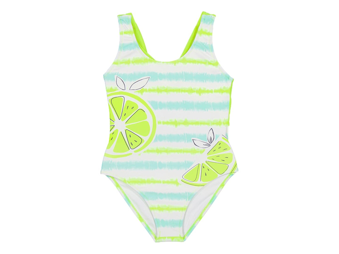 Bañador de una pieza para niña con rayas horizontales blancas, verdes y azules con estampados de limones.