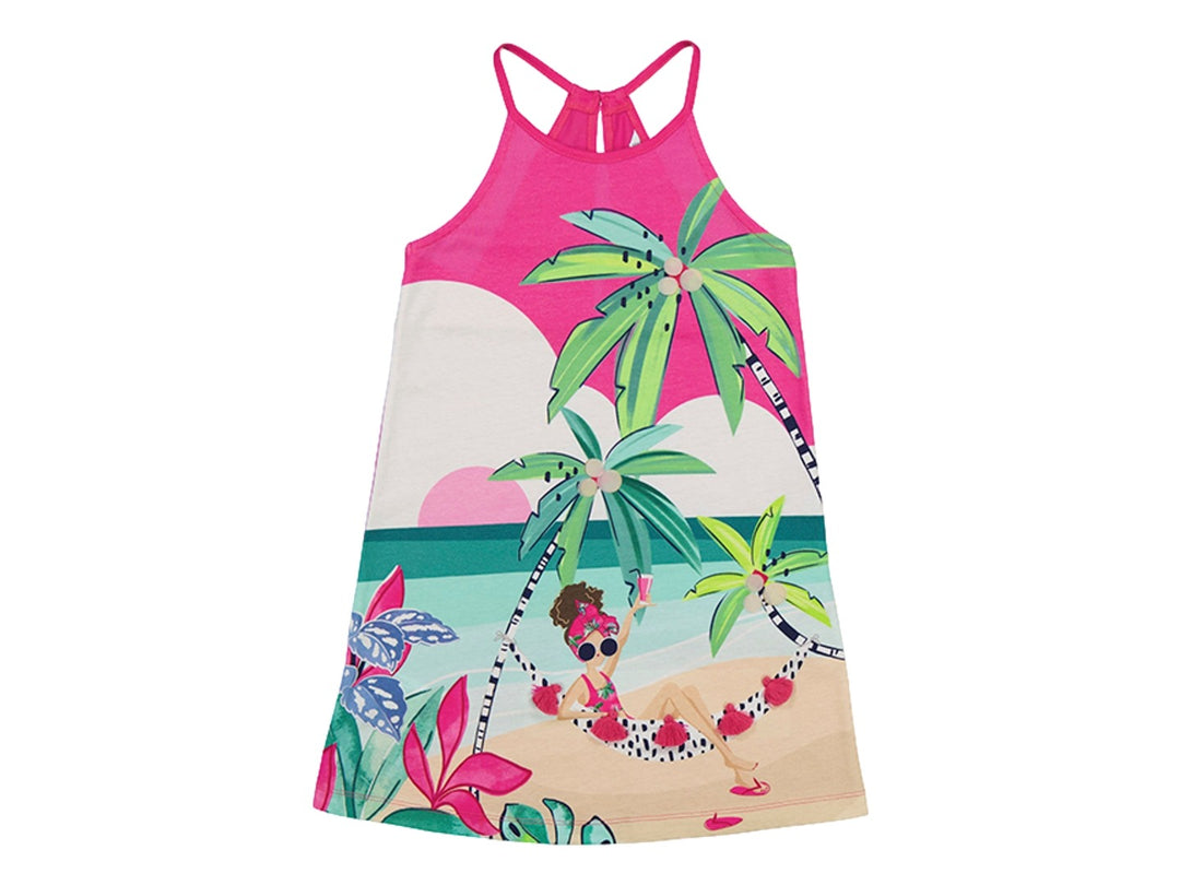 Vestido rosa y beige para niña con estampado tropical de palmeras y playa.
