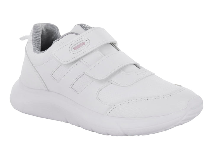Tenis escolares VAVITO color blanco con cierre de velcro y suela blanca.
