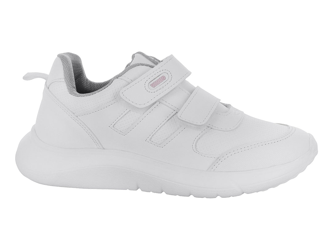 Tenis escolares VAVITO color blanco con cierre de velcro y suela blanca.
