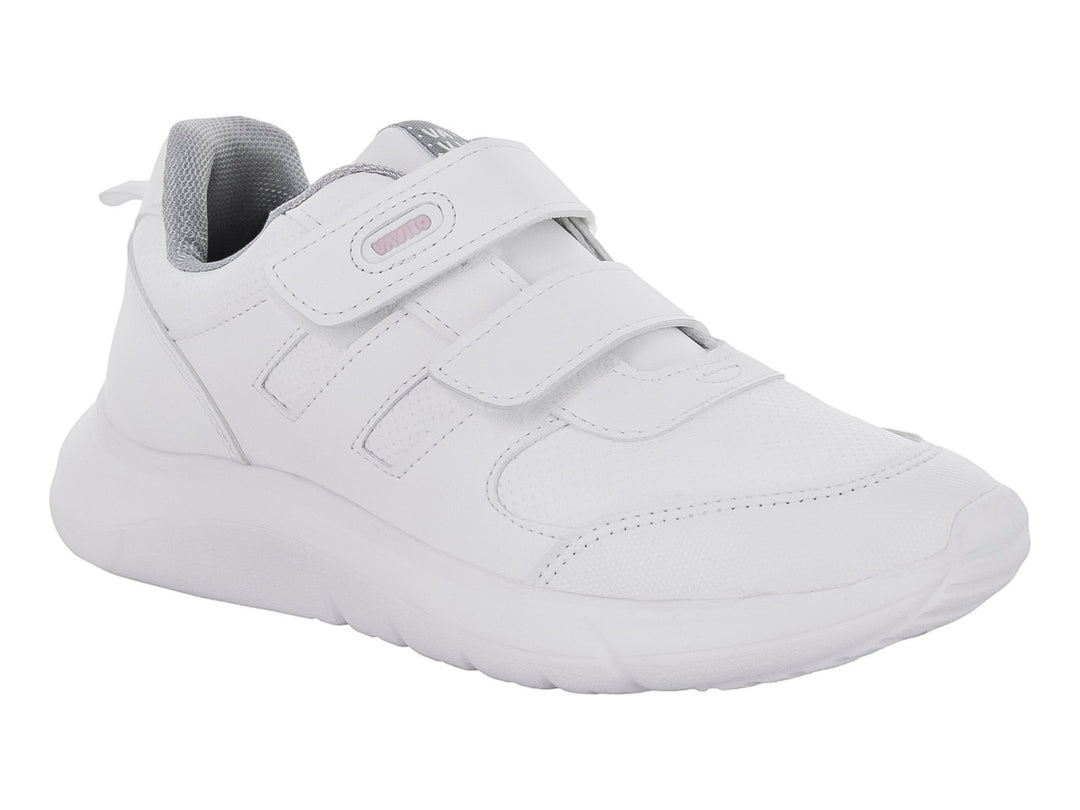 Tenis escolares blancos VAVITO con cierre de velcro y suela blanca.