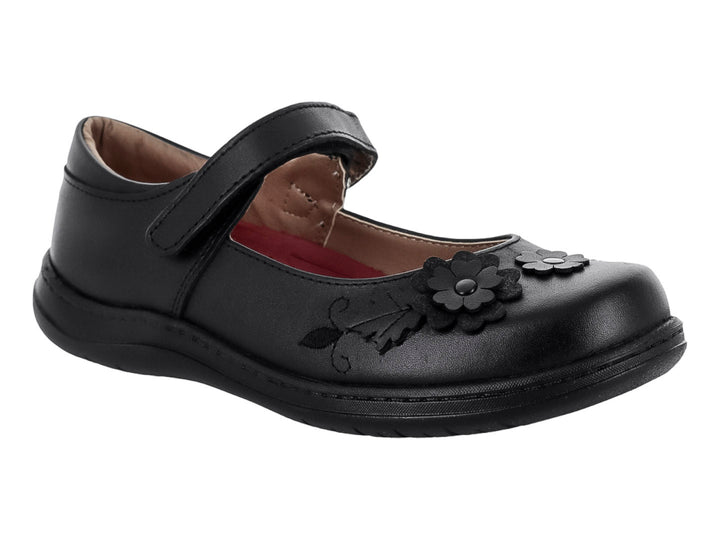 Zapato negro para niña estilo Mary Jane con adornos de flores en la punta.